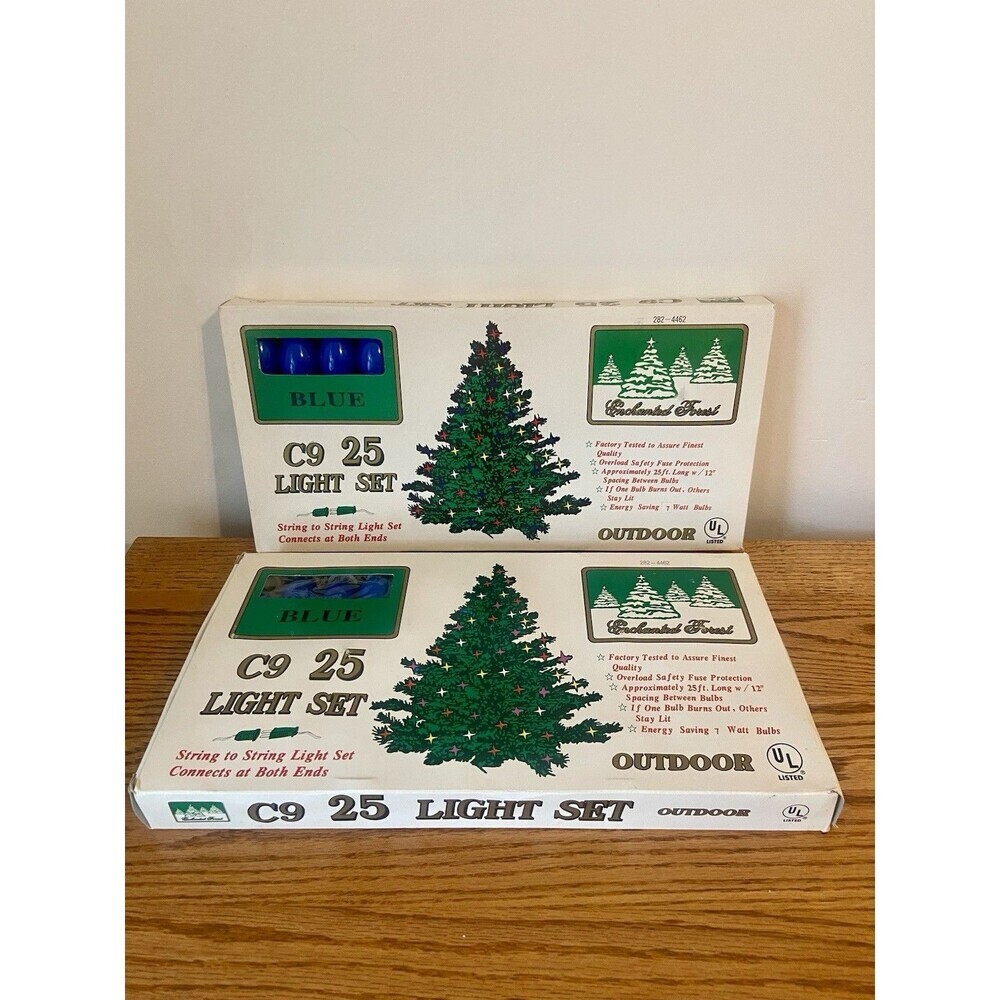 (2) Enchanted Forest 25-Light Set C9 Ceramic Bulbs Vtg Christmas BLUE New Outdoo
